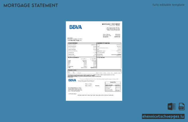 USA BBVA Bank Hypothekenabrechnung in Word- und PDF-Formaten – Beispielvorschau